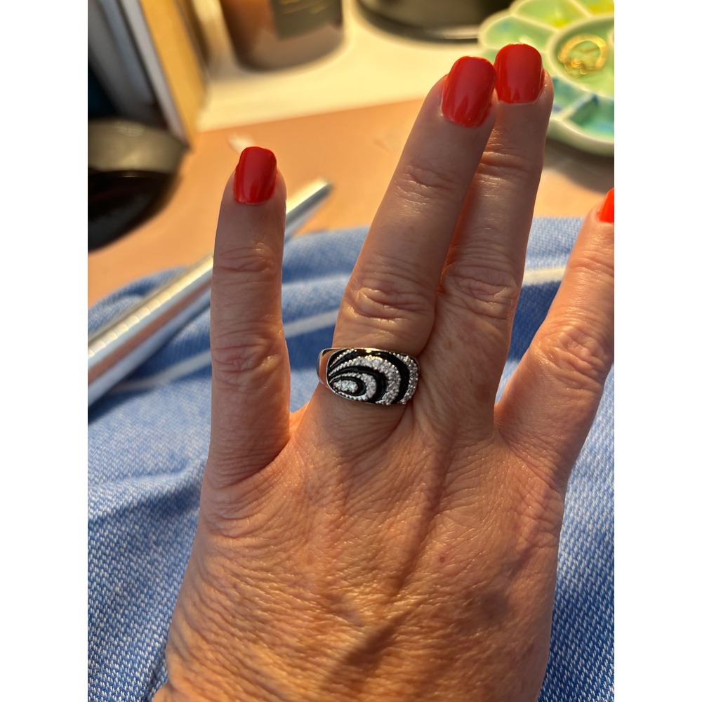Black Enamel Pavé‎ Crystal Swirl Statement Ring Silver Tone Size 8.25 Cocktail